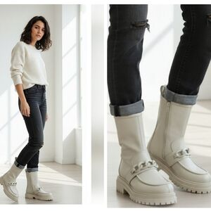 Napoleoni Off White Italian Leather Zipper-Chain Combat Boots